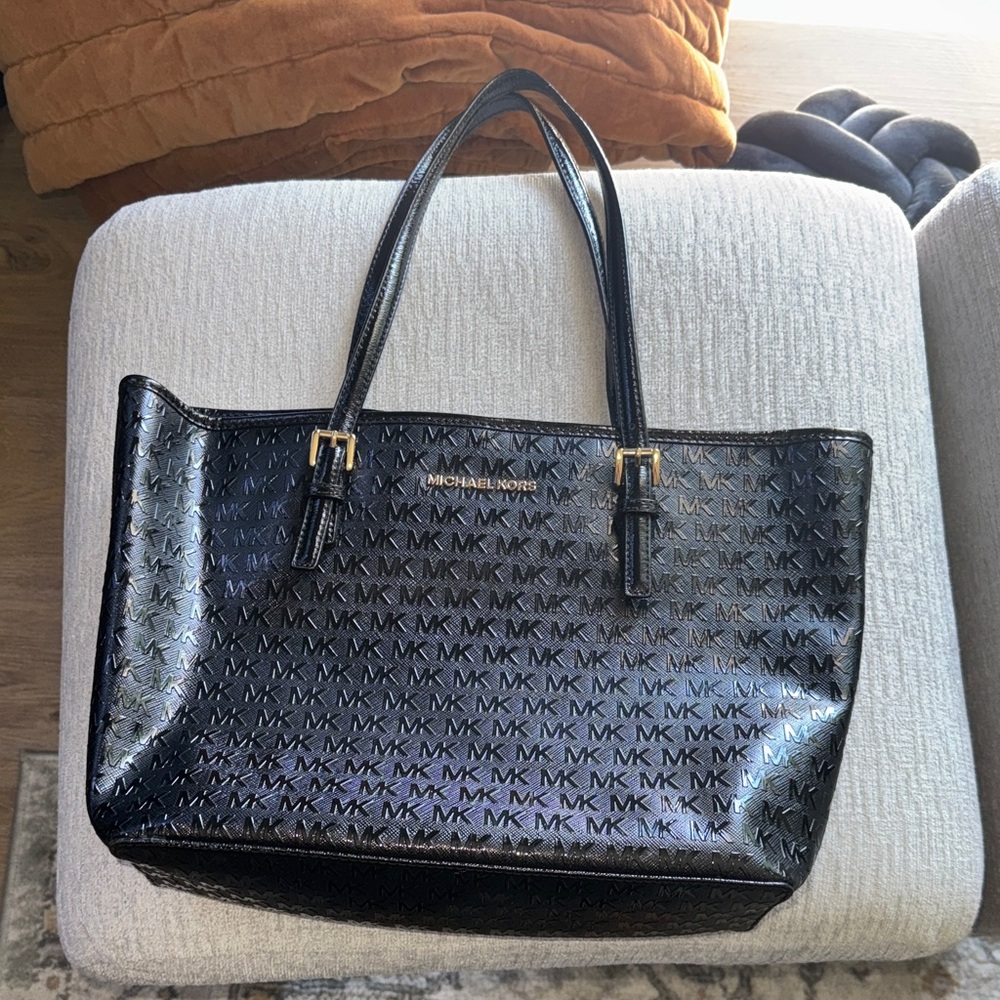 Michael Kors Black MK Logo Patent Tote with Gold Hardware